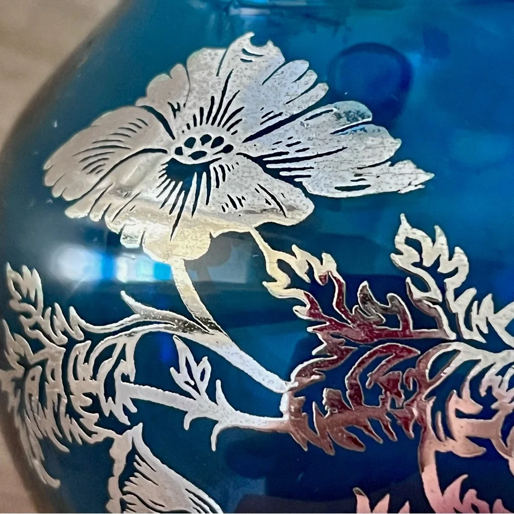 Vintage Hand Blown Silver City Glass - Sterling Silver Overlay‎ Blue Vase - RARE